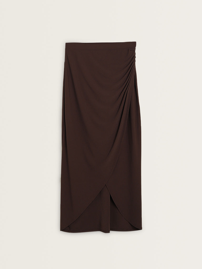 Wardrobe Brown Ruched Detailed High-Rise Skirt