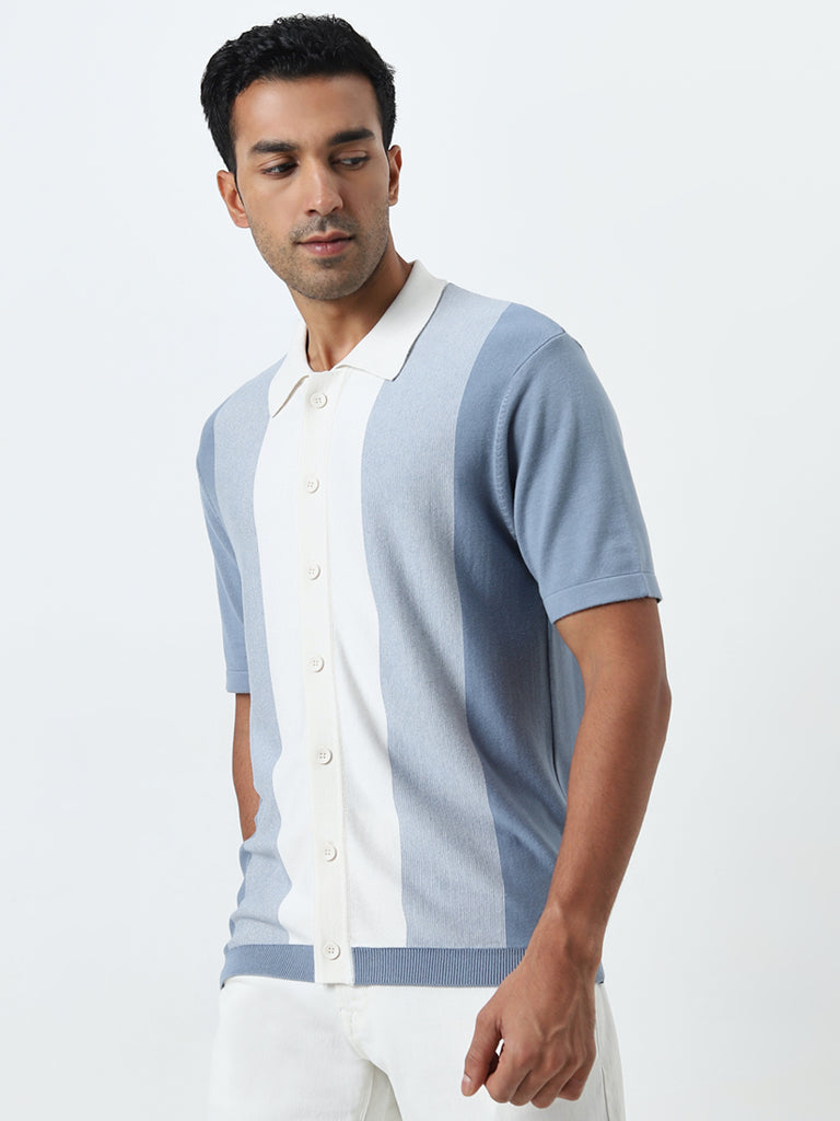 Ascot Blue Colour-Blocked Relaxed-Fit Shirt