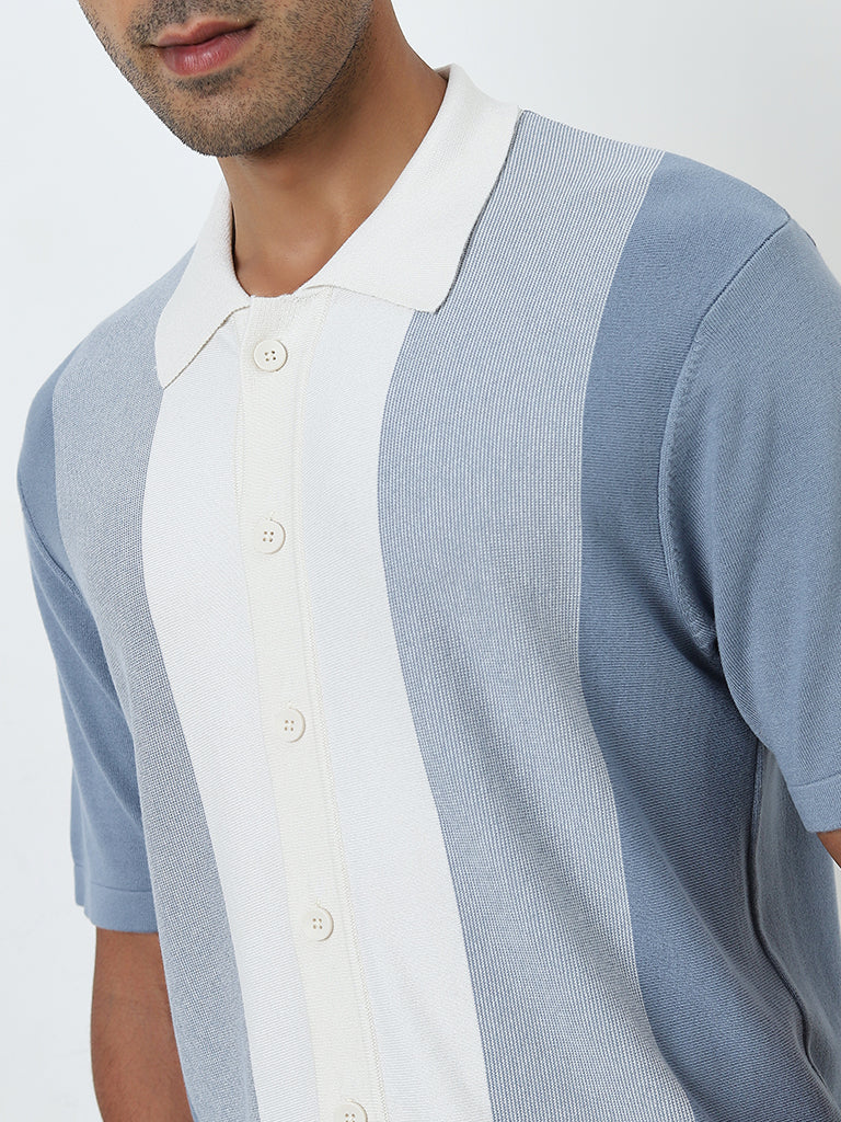 Ascot Blue Colour-Blocked Relaxed-Fit Shirt