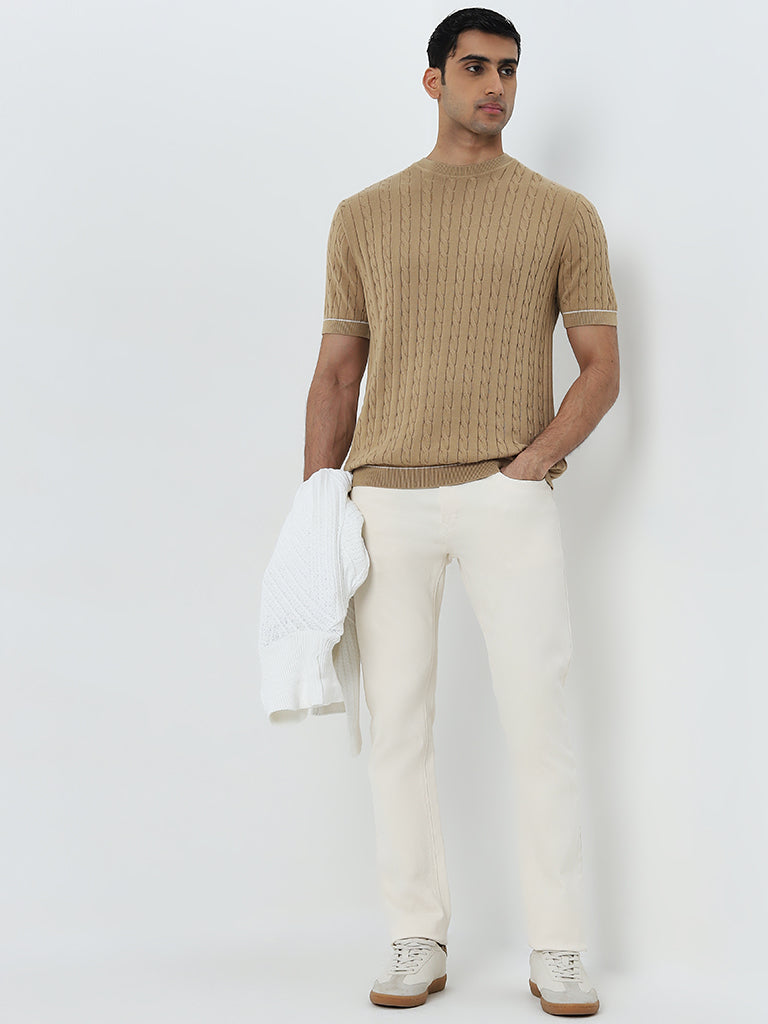 Ascot Beige Knit-Textured Relaxed-Fit Cotton T-Shirt