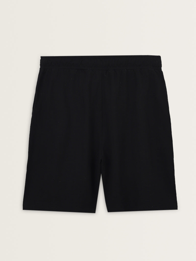 WES Lounge Black Mid-Rise Relaxed-Fit Cotton Blend Shorts