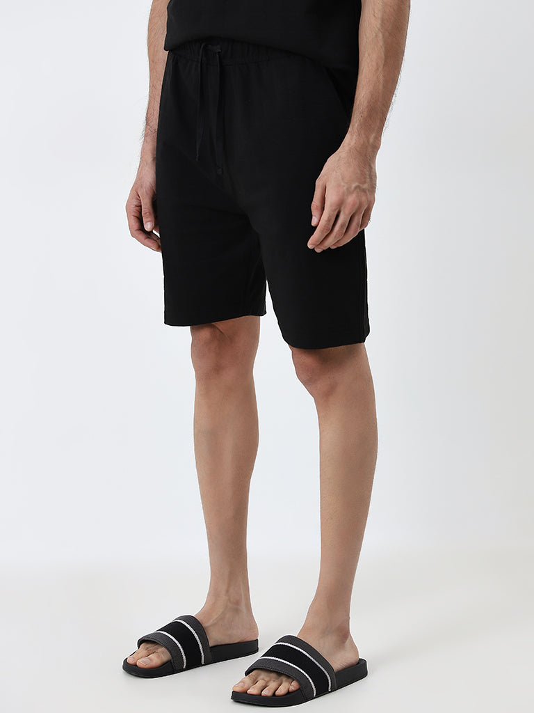 WES Lounge Black Mid-Rise Relaxed-Fit Cotton Blend Shorts