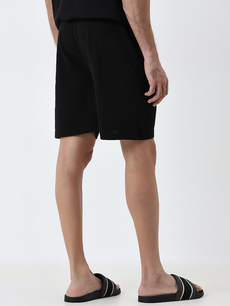 WES Lounge Black Mid-Rise Relaxed-Fit Cotton Blend Shorts