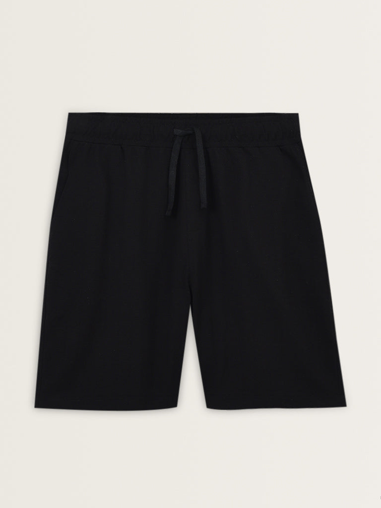 WES Lounge Black Mid-Rise Relaxed-Fit Cotton Blend Shorts