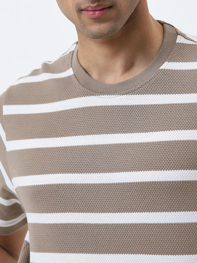 WES Lounge Dark Beige Textured Slim-Fit T-Shirt