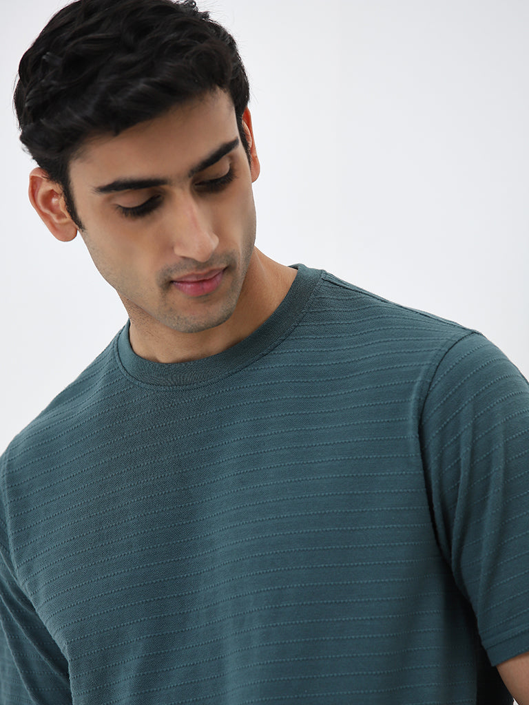 WES Lounge Dark Sage Self-Stripe Relaxed-Fit Cotton T-Shirt