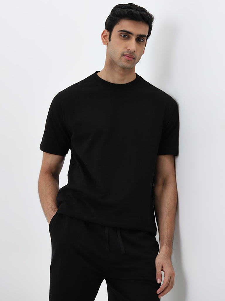 WES Lounge Black Solid Relaxed-Fit Cotton T-Shirt