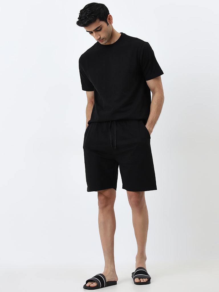 WES Lounge Black Solid Relaxed-Fit Cotton T-Shirt