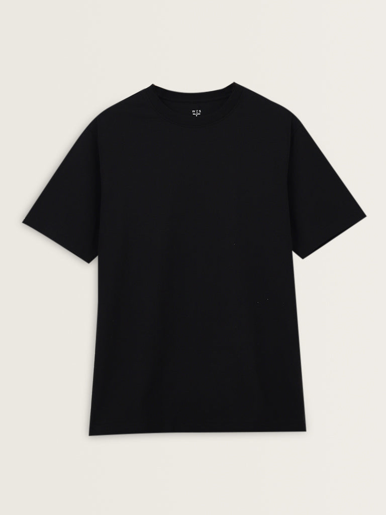 WES Lounge Black Solid Relaxed-Fit Cotton T-Shirt