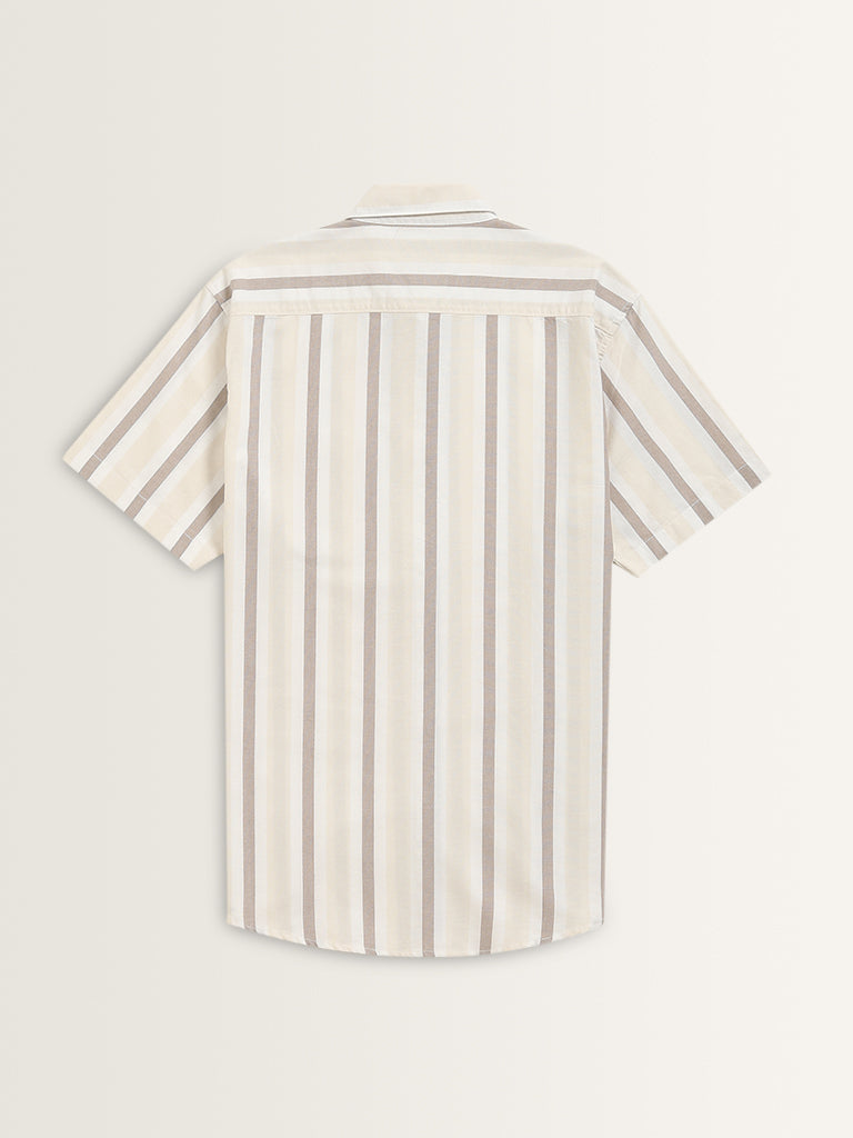 WES Casuals Beige Striped Relaxed-Fit Cotton Shirt