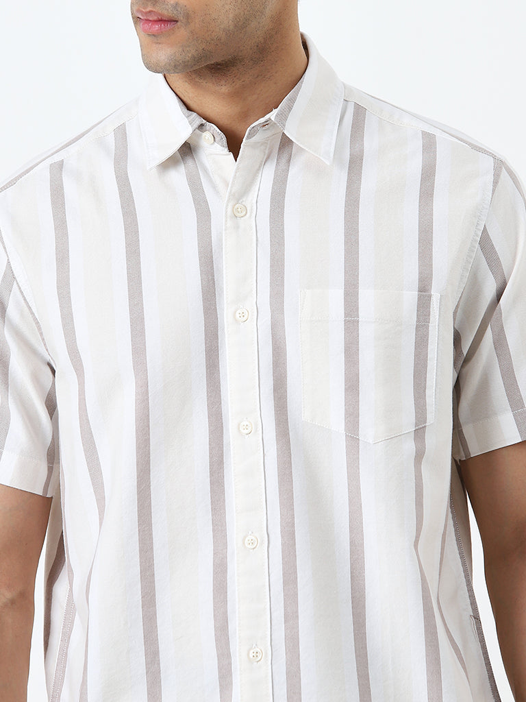 WES Casuals Beige Striped Relaxed-Fit Cotton Shirt