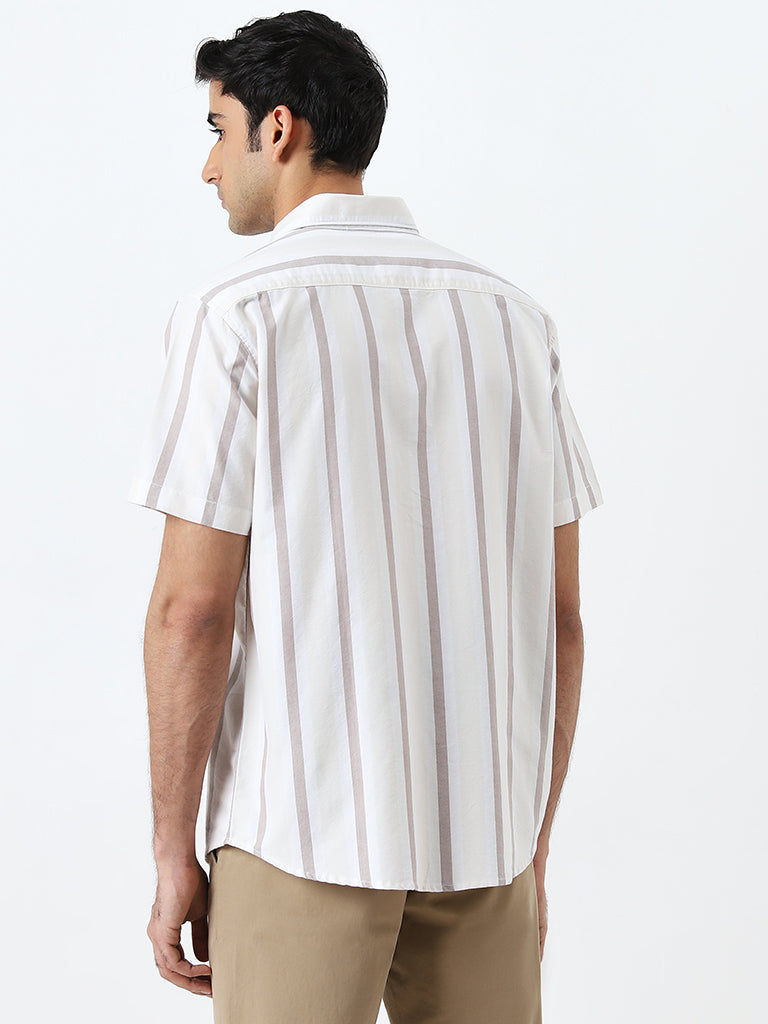 WES Casuals Beige Striped Relaxed-Fit Cotton Shirt