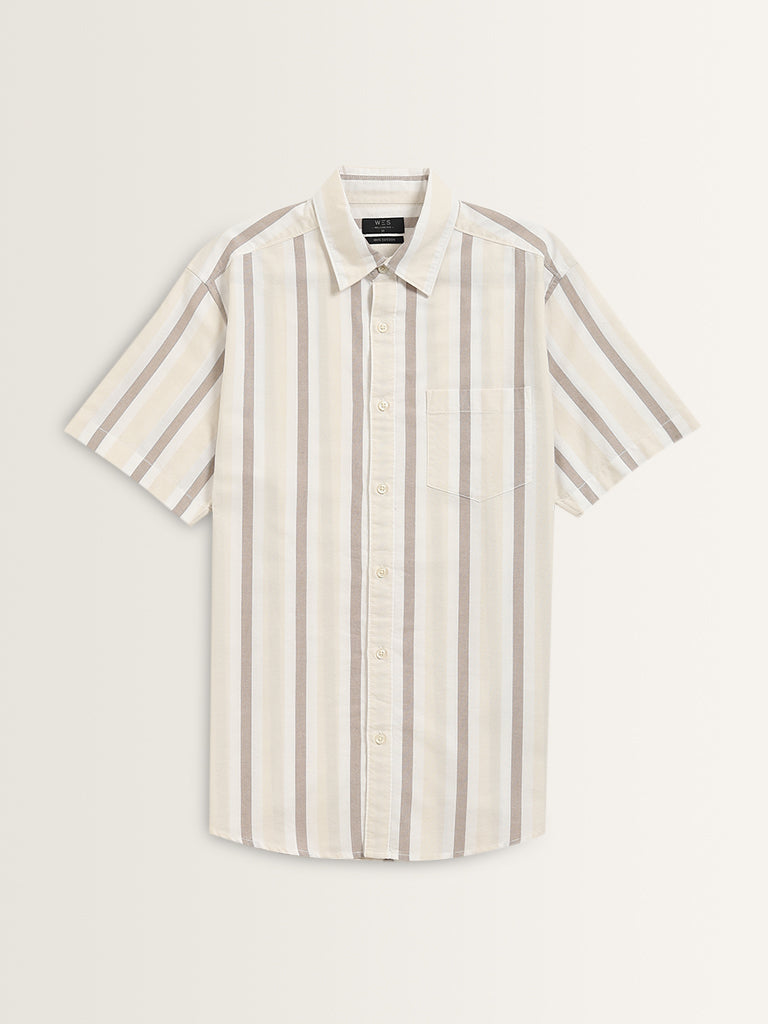 WES Casuals Beige Striped Relaxed-Fit Cotton Shirt