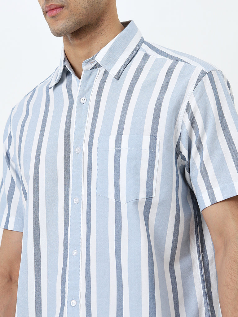 WES Casuals Blue Striped Relaxed-Fit Cotton Shirt