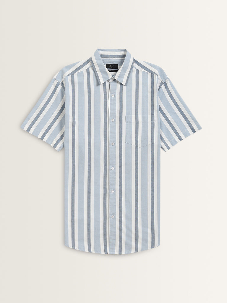 WES Casuals Blue Striped Relaxed-Fit Cotton Shirt