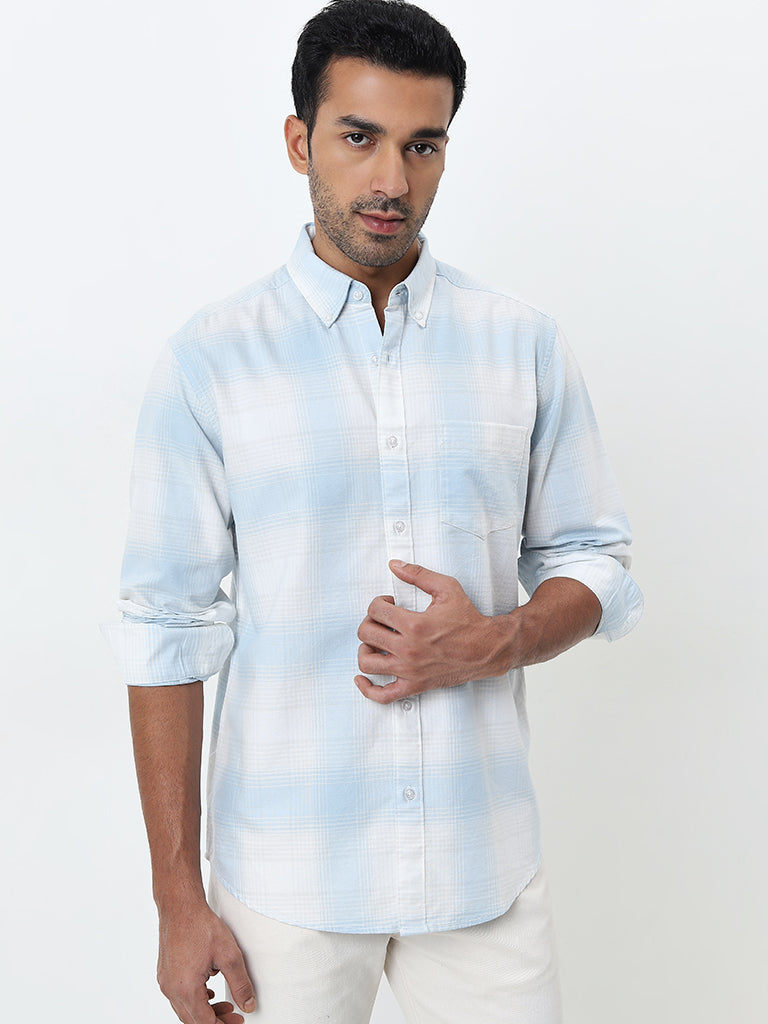 WES Casuals Light Blue Checkered Relaxed-Fit Cotton Shirt