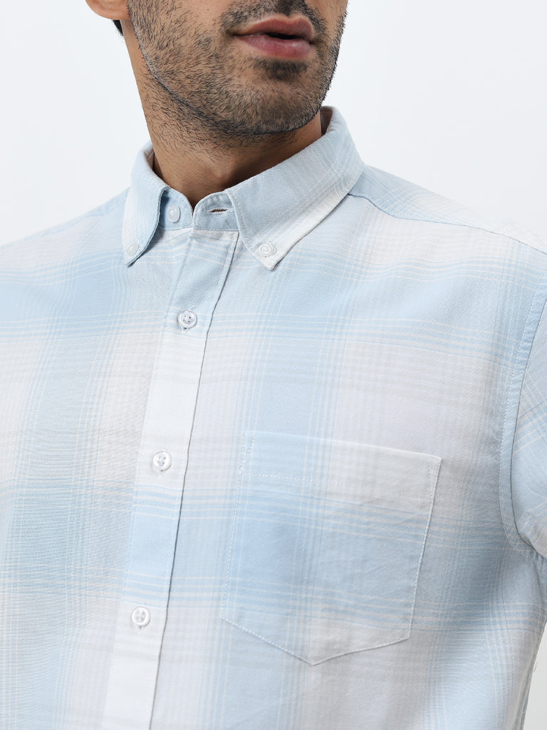 WES Casuals Light Blue Checkered Relaxed-Fit Cotton Shirt