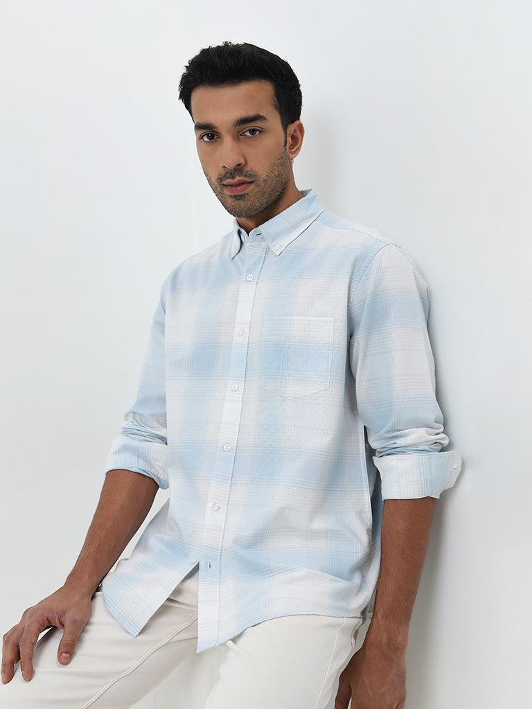 WES Casuals Light Blue Checkered Relaxed-Fit Cotton Shirt