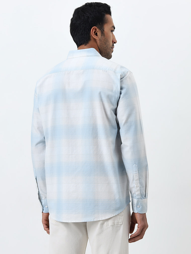 WES Casuals Light Blue Checkered Relaxed-Fit Cotton Shirt