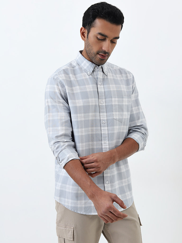 WES Casuals Grey Checkered Relaxed-Fit Cotton Shirt