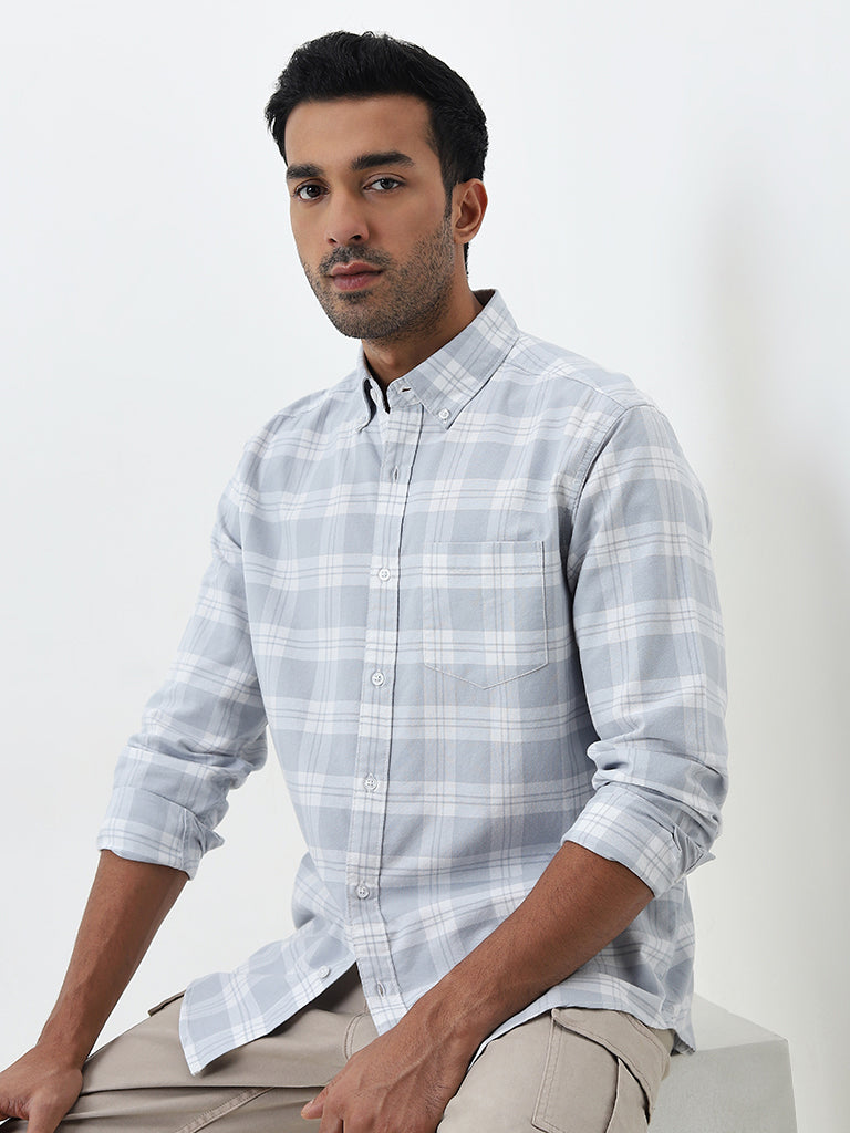 WES Casuals Grey Checkered Relaxed-Fit Cotton Shirt