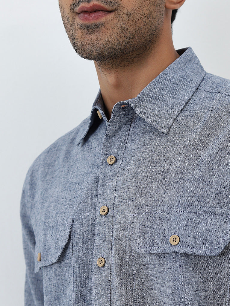 WES Casuals Blue Linen-Blend Relaxed-Fit Shirt