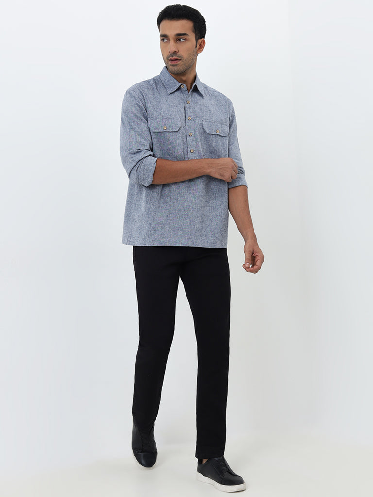 WES Casuals Blue Linen-Blend Relaxed-Fit Shirt