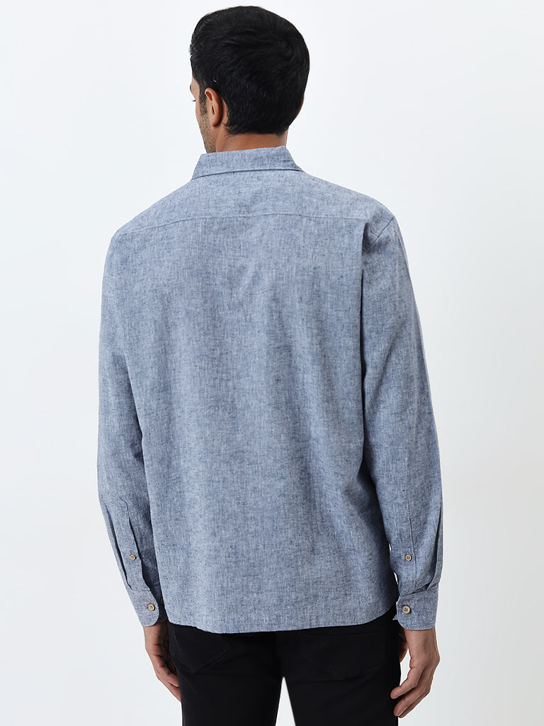 WES Casuals Blue Linen-Blend Relaxed-Fit Shirt