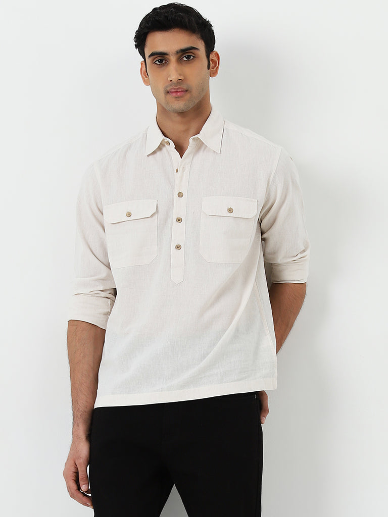 WES Casuals Beige Kurta-Style Relaxed-Fit Shirt