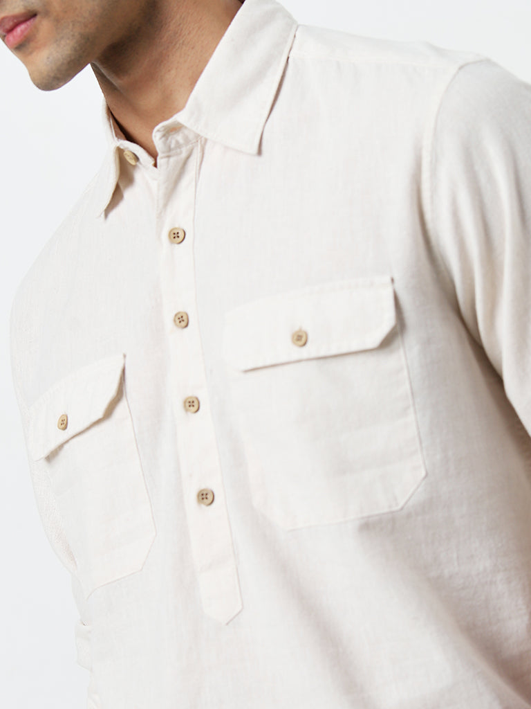 WES Casuals Beige Kurta-Style Relaxed-Fit Shirt