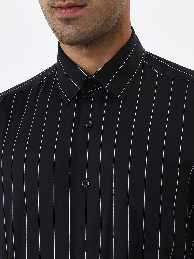 WES Formals Black Pinstriped Relaxed-Fit Cotton Shirt