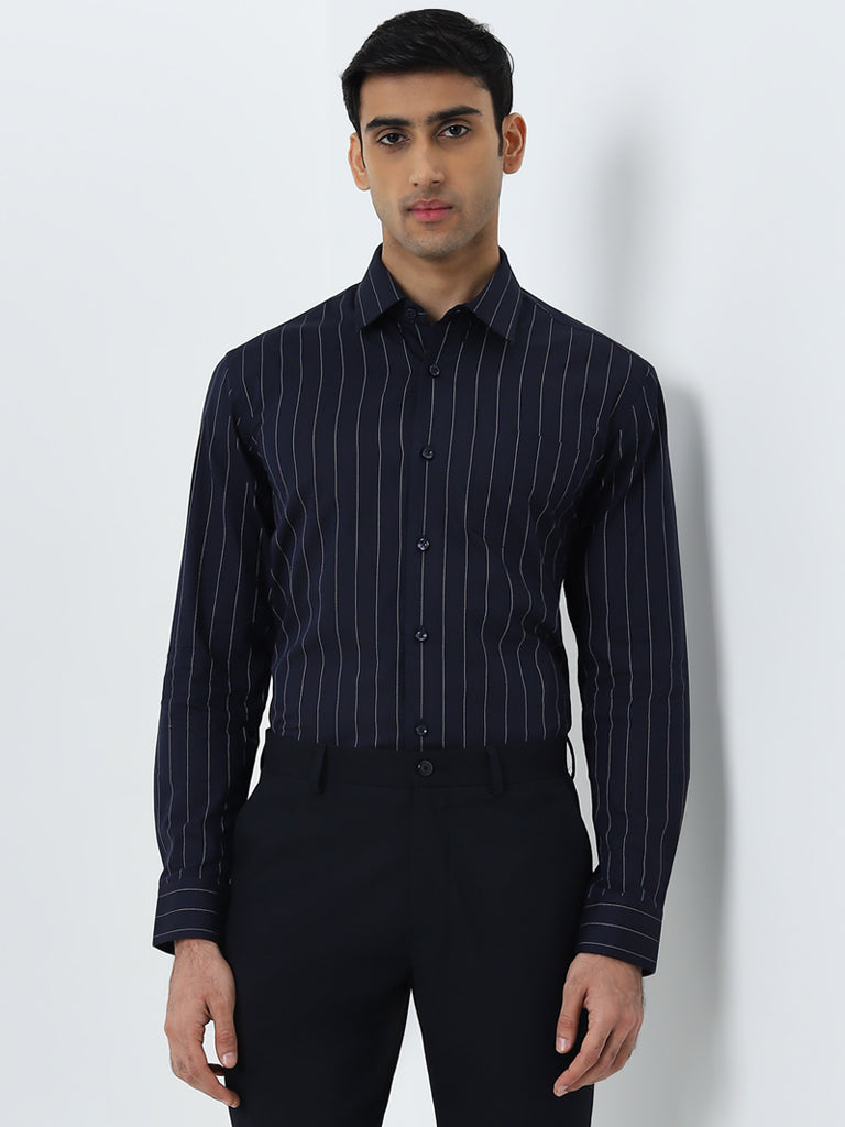 WES Formals Navy Pinstriped Relaxed-Fit Cotton Shirt