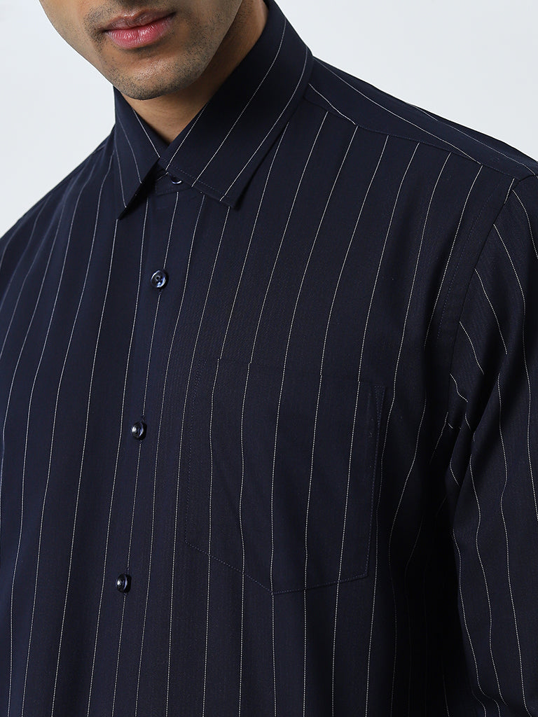 WES Formals Navy Pinstriped Relaxed-Fit Cotton Shirt