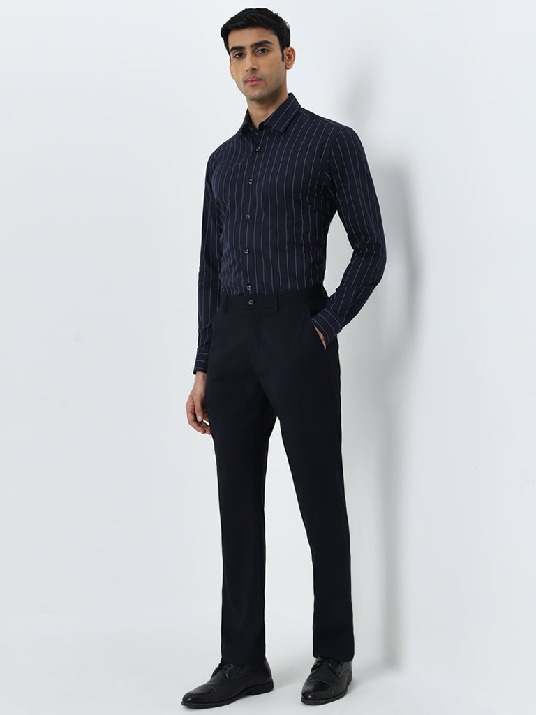 WES Formals Navy Pinstriped Relaxed-Fit Cotton Shirt