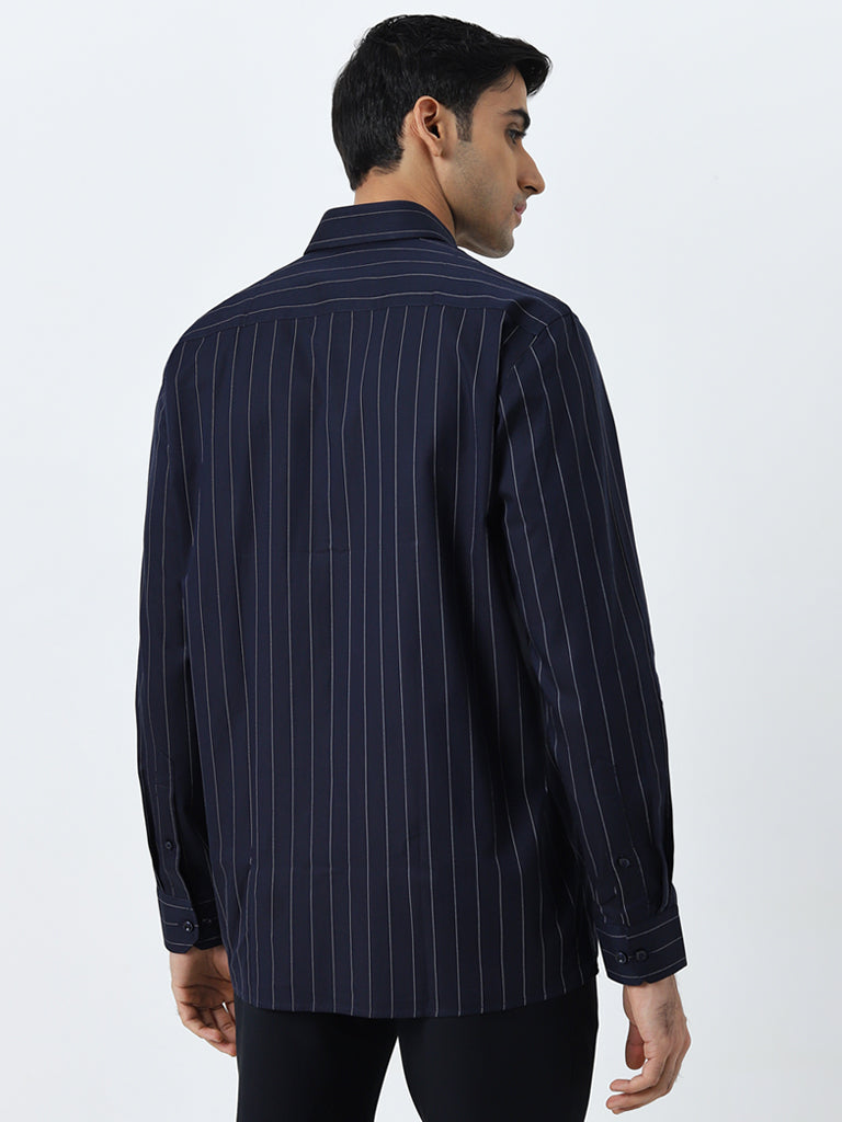 WES Formals Navy Pinstriped Relaxed-Fit Cotton Shirt