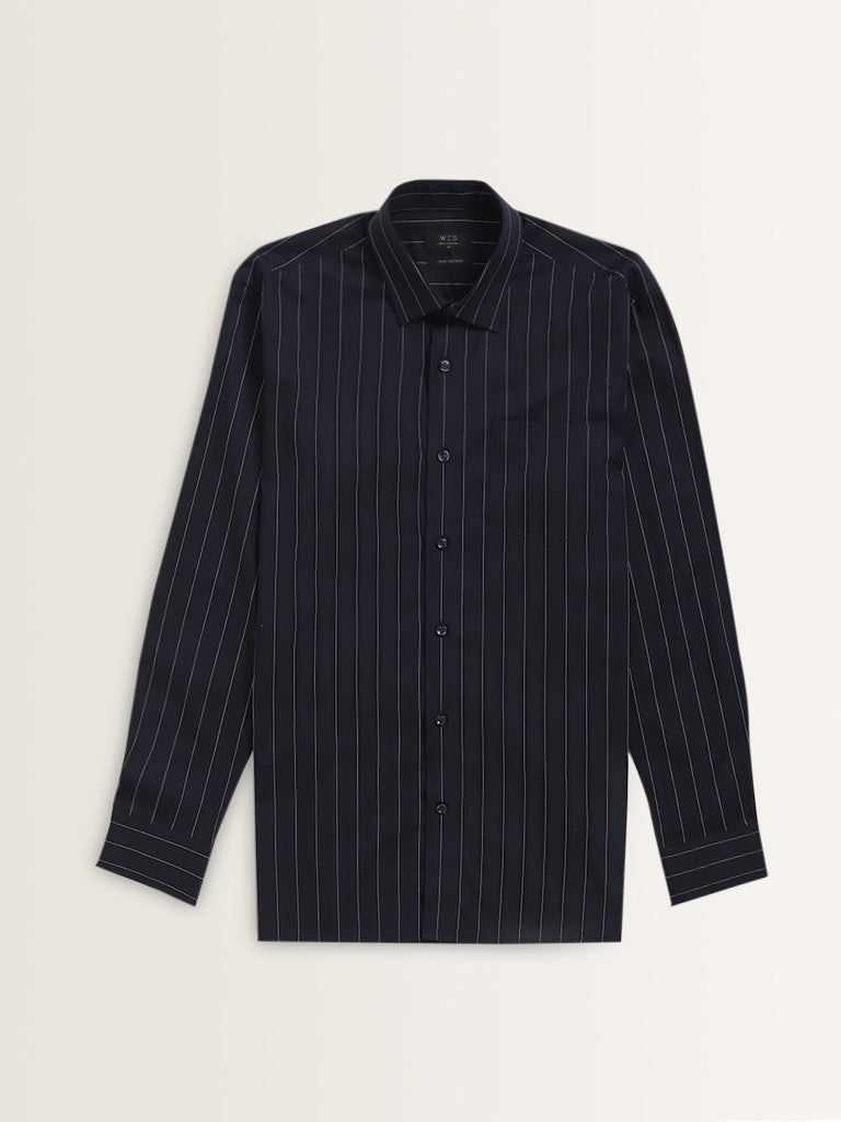 WES Formals Navy Pinstriped Relaxed-Fit Cotton Shirt