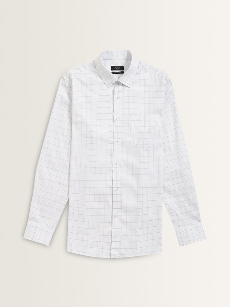 WES Formals Light Blue Checkered Slim-Fit Cotton Shirt