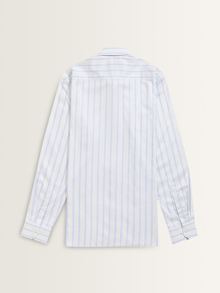 WES Formals Light Blue Striped Slim-Fit Cotton Shirt