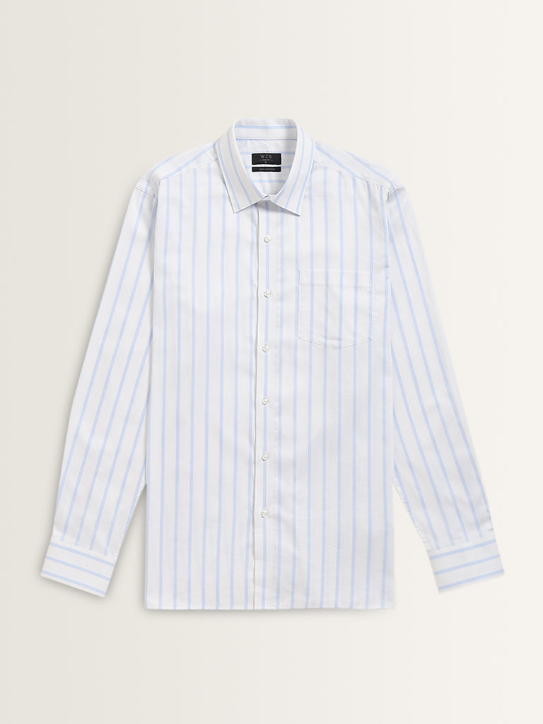 WES Formals Light Blue Striped Slim-Fit Cotton Shirt