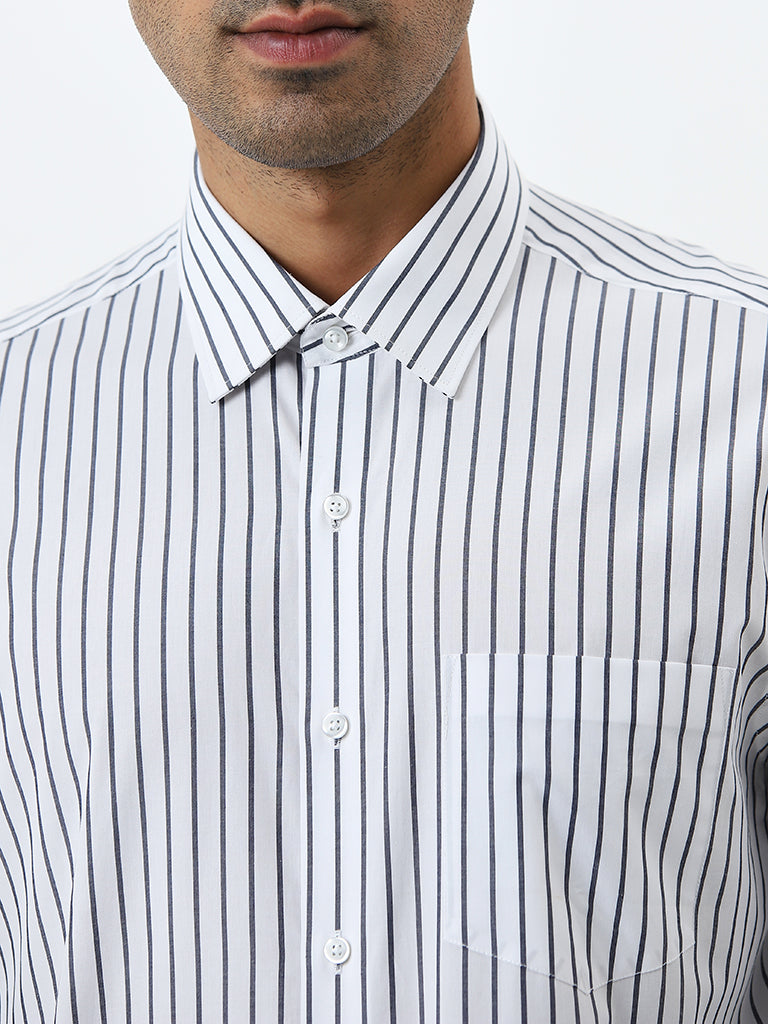 WES Formals Navy Stripe Printed Slim-Fit Cotton Shirt