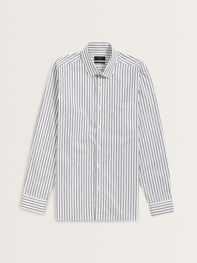 WES Formals Navy Stripe Printed Slim-Fit Cotton Shirt