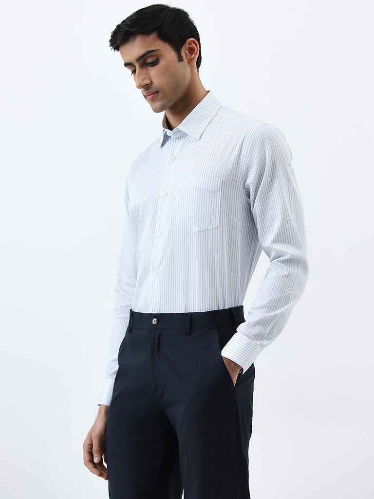 WES Formals Light Blue Striped Relaxed-Fit Cotton Shirt