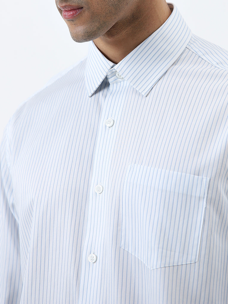 WES Formals Light Blue Striped Relaxed-Fit Cotton Shirt