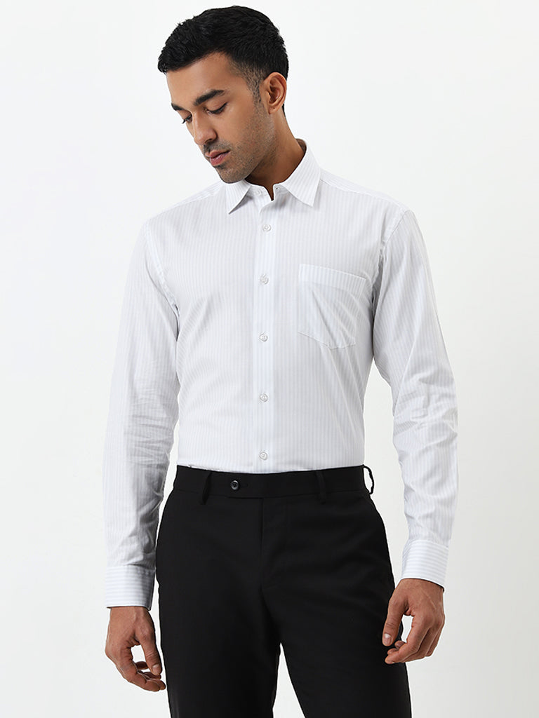 WES Formals Off-White Striped Relaxed-Fit Cotton Shirt