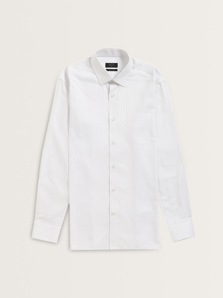 WES Formals Off-White Striped Relaxed-Fit Cotton Shirt