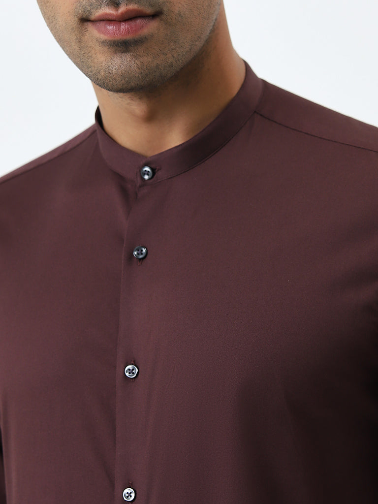 WES Formals Wine Solid Ultra-Slim Fit Cotton Blend Shirt