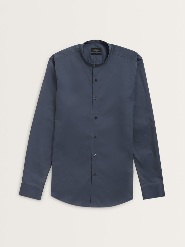 WES Formals Dark Blue Ultra-Slim Fit Cotton Blend Shirt