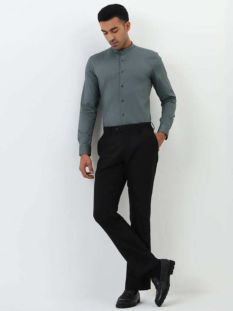 WES Formals Olive Solid Ultra-Slim Fit Cotton Blend Shirt