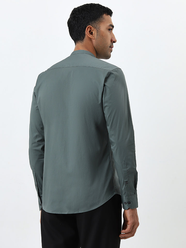 WES Formals Olive Solid Ultra-Slim Fit Cotton Blend Shirt