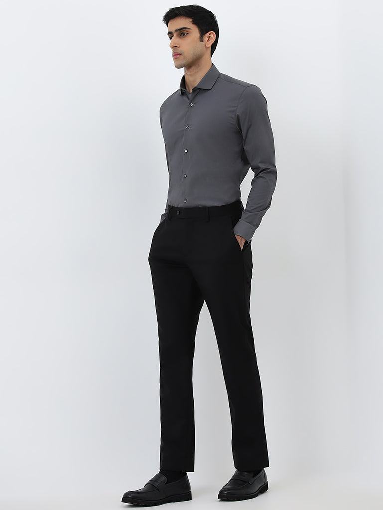 WES Formals Dark Grey Ultra Slim-Fit Cotton Blend Shirt